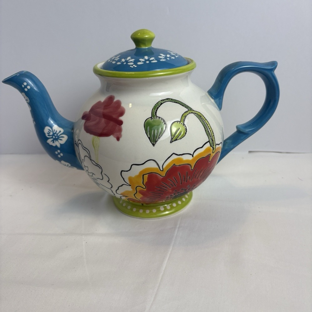 Dutch Wax Hand Painted 7" Teapot Coastline Imports Blue Green Red Floral Ceramic